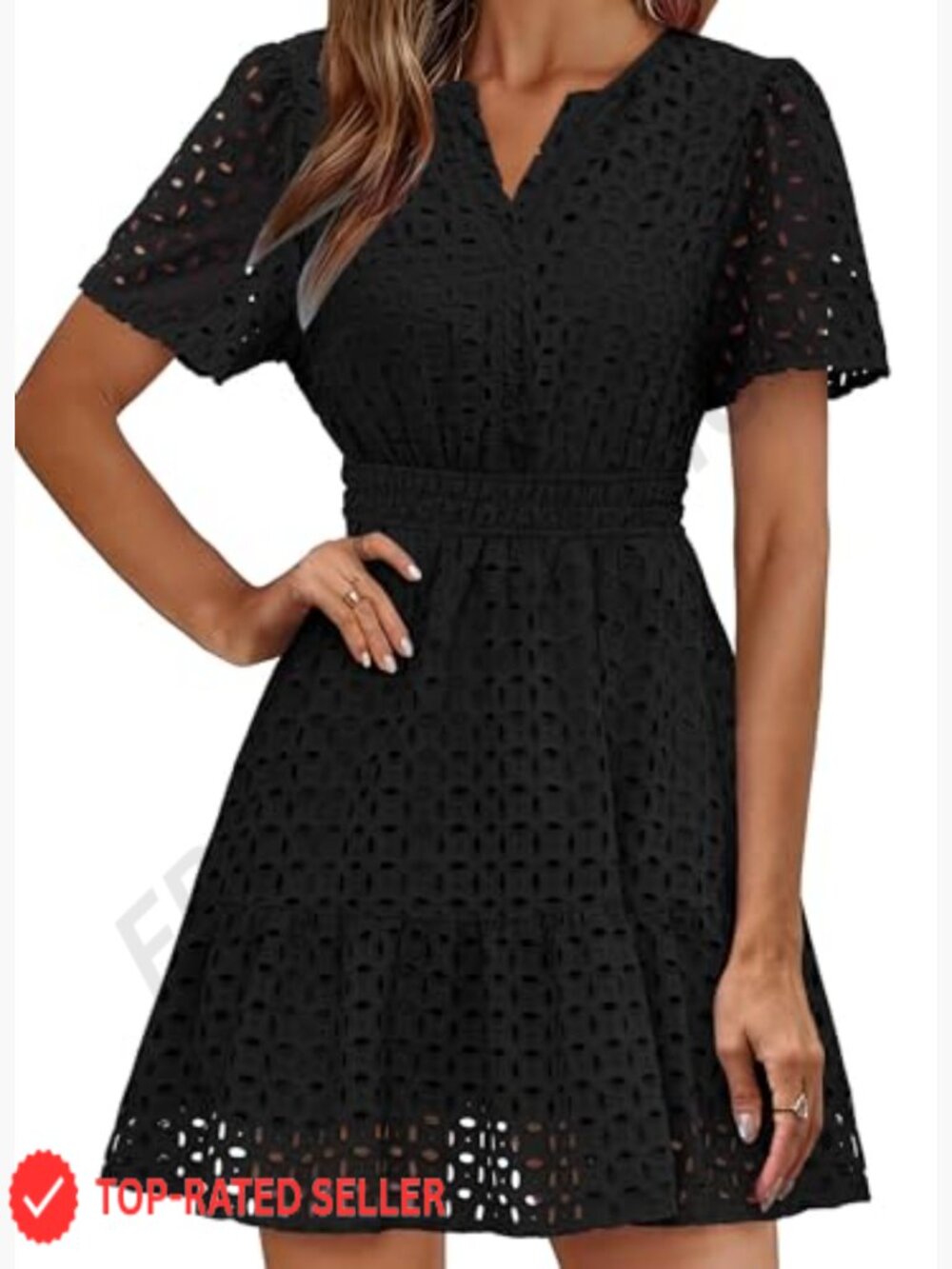 Summer V Neck Eyelet Lace A Line Mini Dress Short Puff Sleeve Ruffle Hem - Picture 2 of 7